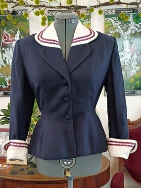 1950s Lilli Ann Navy Blue Red And White Suit Jacket Size Extra Small